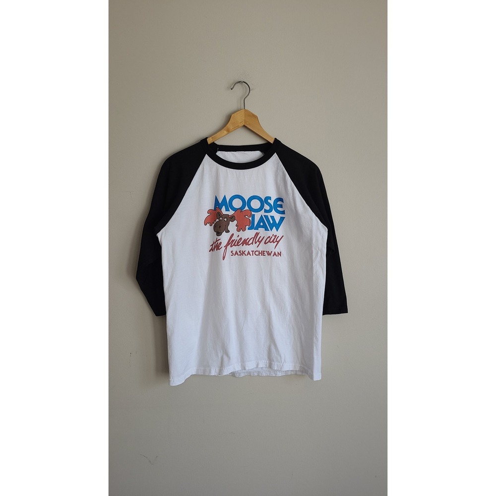 Moose Jaw Saskatchewan The Friendly City Baseball Tee White Black 3/4 Sleeve